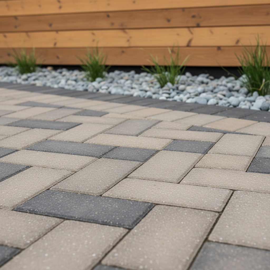 A close-up photographic composition featuring a custom interlock walkway crafted from pristine taupe and charcoal paver stones, arranged in a precision herringbone pattern. The path is bordered by a minimalist bed of smooth gray pebbles and low, sculptural grasses, set against a backdrop of an uncluttered, wood-clad exterior wall. Soft, overcast daylight provides even, neutral illumination, reducing glare and allowing every texture and pattern to emerge in crisp detail. Shot at ground-level with a shallow depth of field, the focus remains on the structure and finish of the materials, embodying a clean, understated, and professional outdoor design aesthetic.
