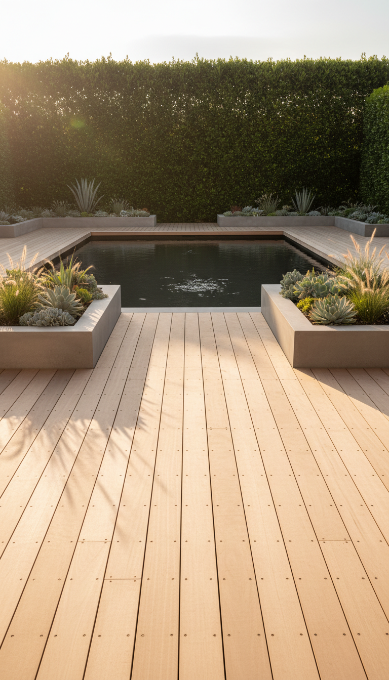 An expansive, modern timber deck featuring pale natural wood planks with a smooth, matte finish, bordered by sleek concrete planters filled with neatly manicured succulents and ornamental grasses. The deck overlooks a tranquil reflecting pool with a subtle ripple, and the background is framed by tall privacy hedges for a secluded atmosphere. Warm golden hour sunlight streams in from the side, casting soft highlights on the grain of the wood and gentle, elongated shadows. The photograph uses a wide, eye-level perspective with balanced composition, conveying a sense of openness and curated luxury, perfectly aligned with a professional corporate style.