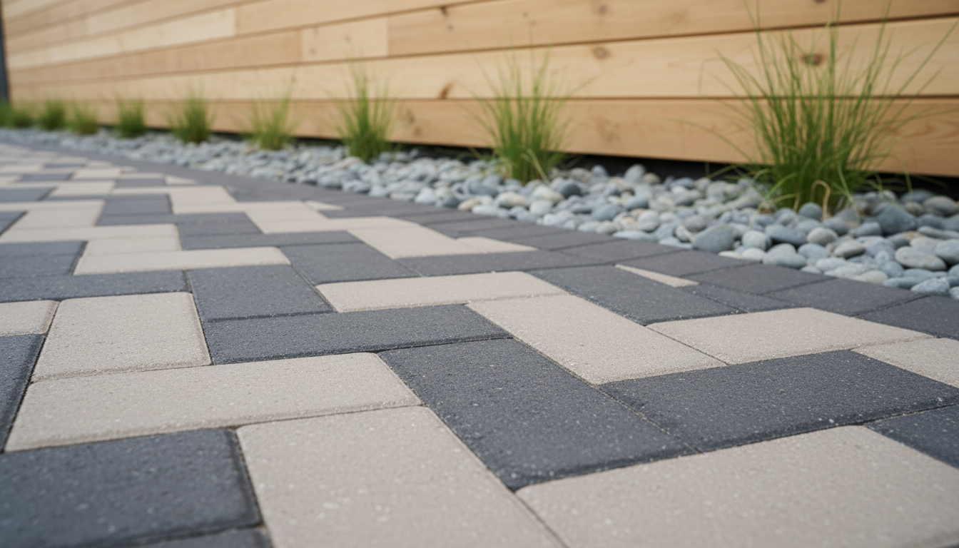 A close-up photographic composition featuring a custom interlock walkway crafted from pristine taupe and charcoal paver stones, arranged in a precision herringbone pattern. The path is bordered by a minimalist bed of smooth gray pebbles and low, sculptural grasses, set against a backdrop of an uncluttered, wood-clad exterior wall. Soft, overcast daylight provides even, neutral illumination, reducing glare and allowing every texture and pattern to emerge in crisp detail. Shot at ground-level with a shallow depth of field, the focus remains on the structure and finish of the materials, embodying a clean, understated, and professional outdoor design aesthetic.