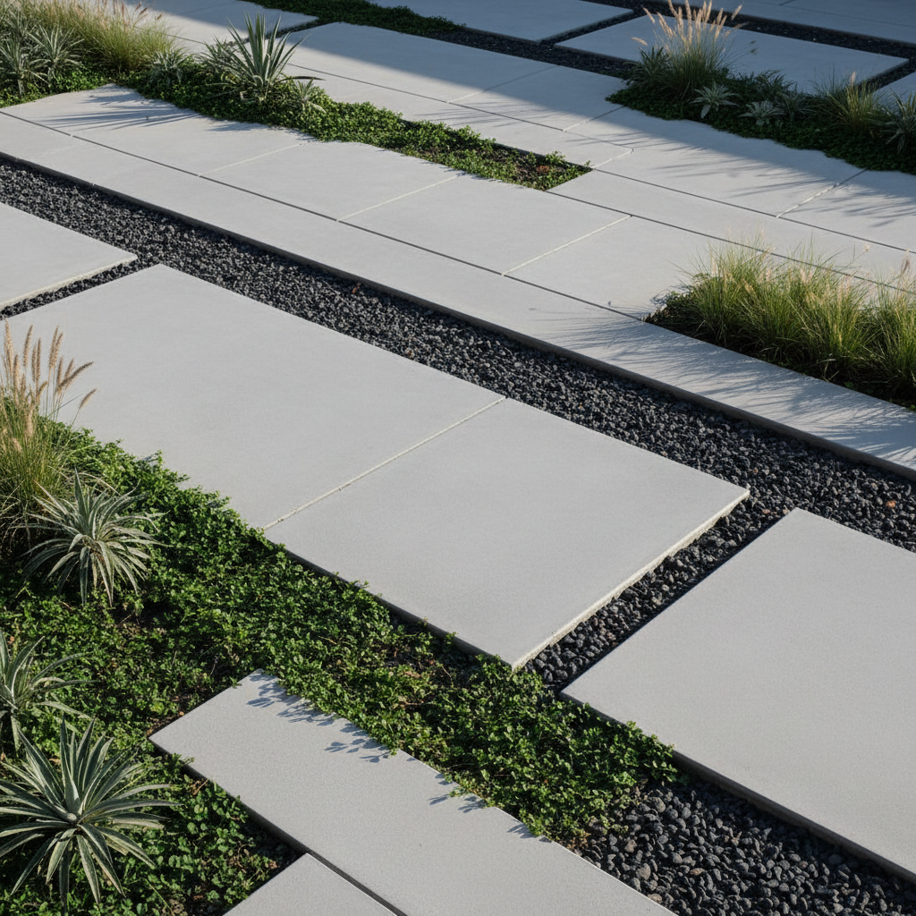 A refined outdoor living zone showcasing minimalist concrete hardscaping with carefully poured, large-format rectangular slabs in a flawless light gray finish. These surfacing elements are interspersed with linear beds of low ground cover and contrasting black gravel for texture. The setting is an uncluttered modern garden defined by crisp edges and geometric planting patterns. Gentle ambient morning light washes across the scene, producing subtle shadows and enhancing the clean architectural lines. Captured from a slight overhead angle to emphasize structure, the image exudes calm professionalism and order, adhering to a photographic and structured business aesthetic.