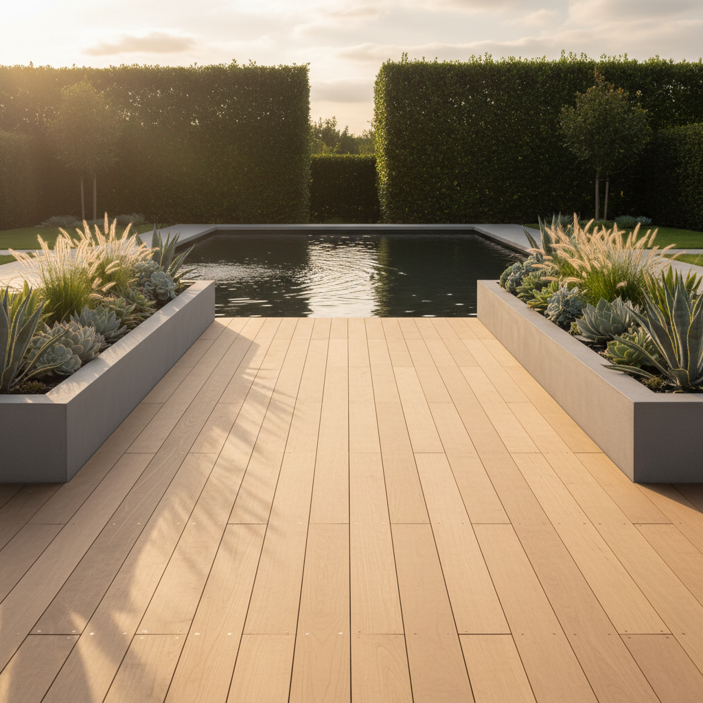 An expansive, modern timber deck featuring pale natural wood planks with a smooth, matte finish, bordered by sleek concrete planters filled with neatly manicured succulents and ornamental grasses. The deck overlooks a tranquil reflecting pool with a subtle ripple, and the background is framed by tall privacy hedges for a secluded atmosphere. Warm golden hour sunlight streams in from the side, casting soft highlights on the grain of the wood and gentle, elongated shadows. The photograph uses a wide, eye-level perspective with balanced composition, conveying a sense of openness and curated luxury, perfectly aligned with a professional corporate style.